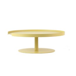 A round, one-level lemon-colored cake stand made of metal.