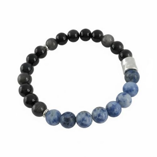 Men's bracelet silver black Obsidian & Sodalite 8 mm with matte silver bead