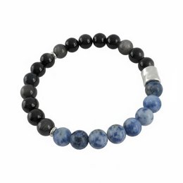 A men's bracelet made of silver, black obsidian, and sodalite beads. The bracelet features a sleek, modern design with a mix of dark and light-colored stones.