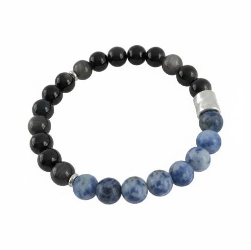 Men's bracelet silver black Obsidian & Sodalite 8 mm with matte silver bead