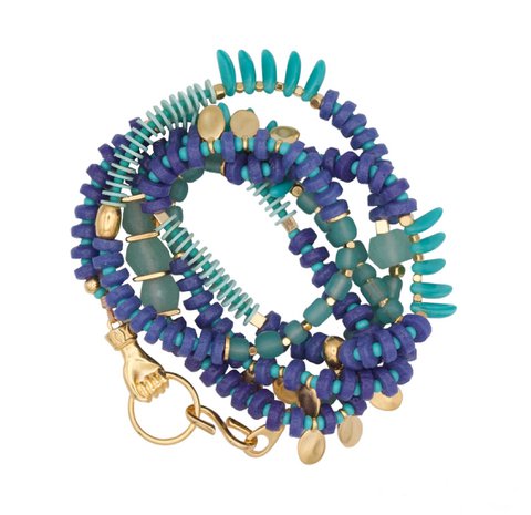 BUENAVENTURA veelzijdige ketting/armband met blauwe en aqua kralen