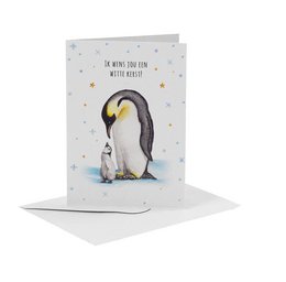 A Christmas card featuring a hand-painted illustration of penguins. The card has a whimsical, festive design with stars and a heartwarming message.
