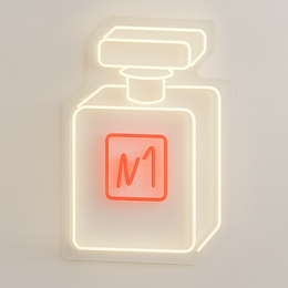 Neon wall light with a minimalist design, featuring a stylized perfume bottle shape in a warm, ambient glow.