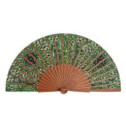 Ventilador de manos de seda verde con madera turca