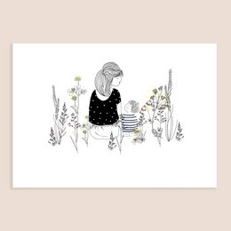A black and white illustration depicting a woman sitting in a garden surrounded by plants and flowers. The woman appears to be looking at a child or small figure next to her.