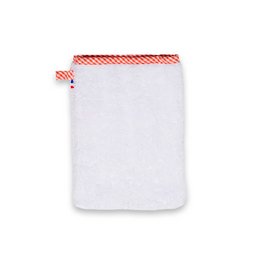 White organic cotton washcloth with red and white striped trim. Soft, absorbent material suitable for personal hygiene and first aid use.