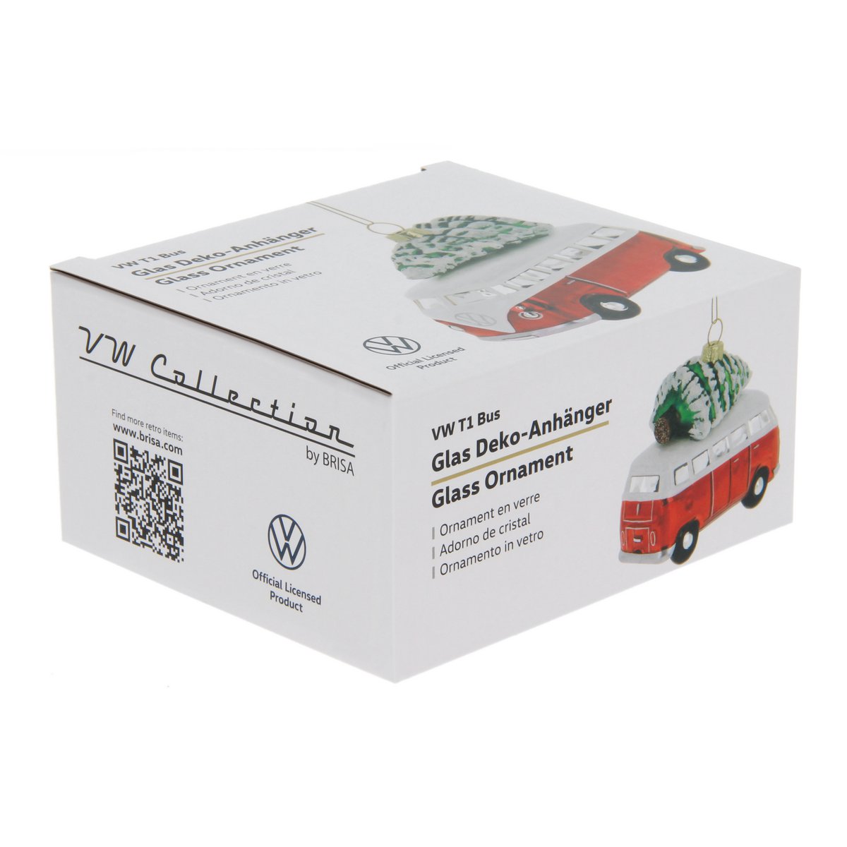 Volkswagen VW T1 Bus Glasdekoration/Weihnachtsschmuck in Geschenkbox – Rot mit Baum