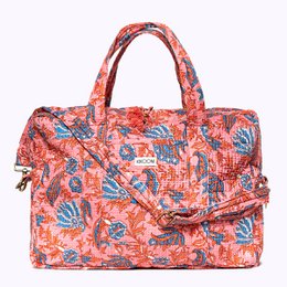 Large travel bag with a vibrant floral print in shades of orange, red, and blue. Made of durable material, suitable for weekend getaways or short trips. Features multiple compartments and a spacious interior.