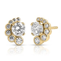 Gold-tone stud earrings featuring a round clear crystal center surrounded by smaller clear crystals in a floral design.