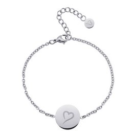 Silver-toned bracelet with a circular pendant featuring a heart design. Delicate chain with adjustable length.