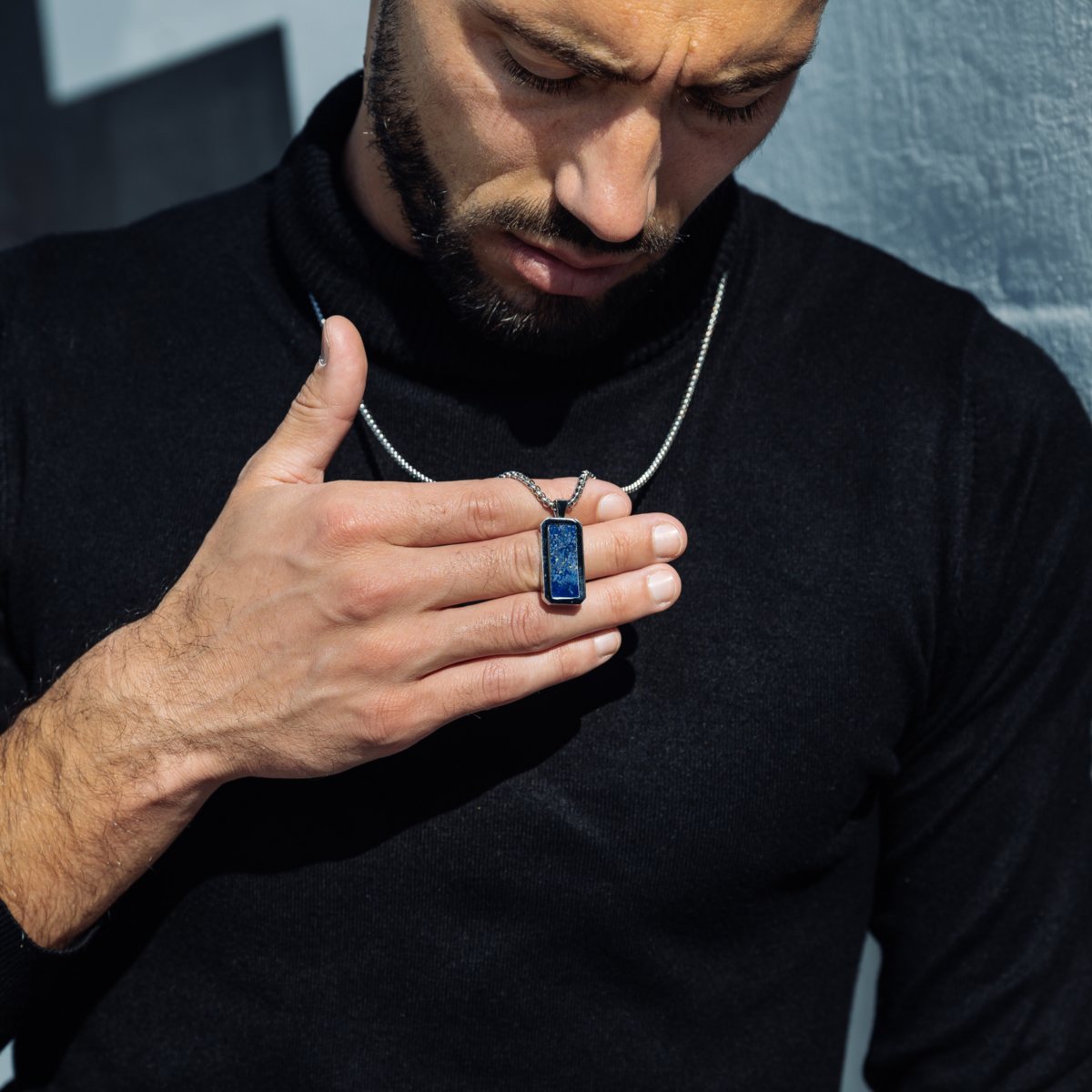 Zilveren roestvrijstalen ketting voor heren met rechthoek lapis lazuli hanger
