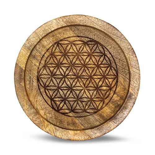 Mangoholz Kristallgitter Tablett Blume des Lebens 15 cm