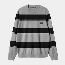 Heather grey and black striped crew neck sweater with long sleeves and logo patch detail.