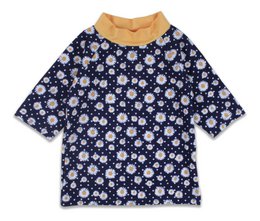  Navy blue baby swim shirt with white floral print, short sleeves, and yellow collar. Suitable for UV protection during water activities.
