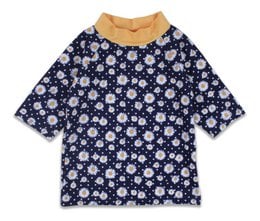 Navy blue baby swim shirt with white floral print, short sleeves, and yellow collar. Suitable for UV protection during water activities.