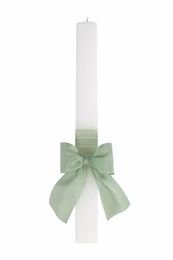 White pillar candle with sage green ribbon bow, elegant christening decoration, available in multiple colors.