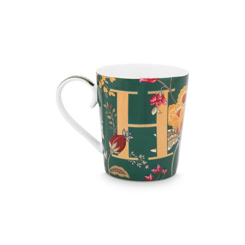 Grüner Becher mit Fantasie-Blumenalphabet - H - 350 ml