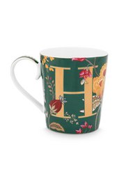 Grüner Becher mit Fantasie-Blumenalphabet - H - 350 ml