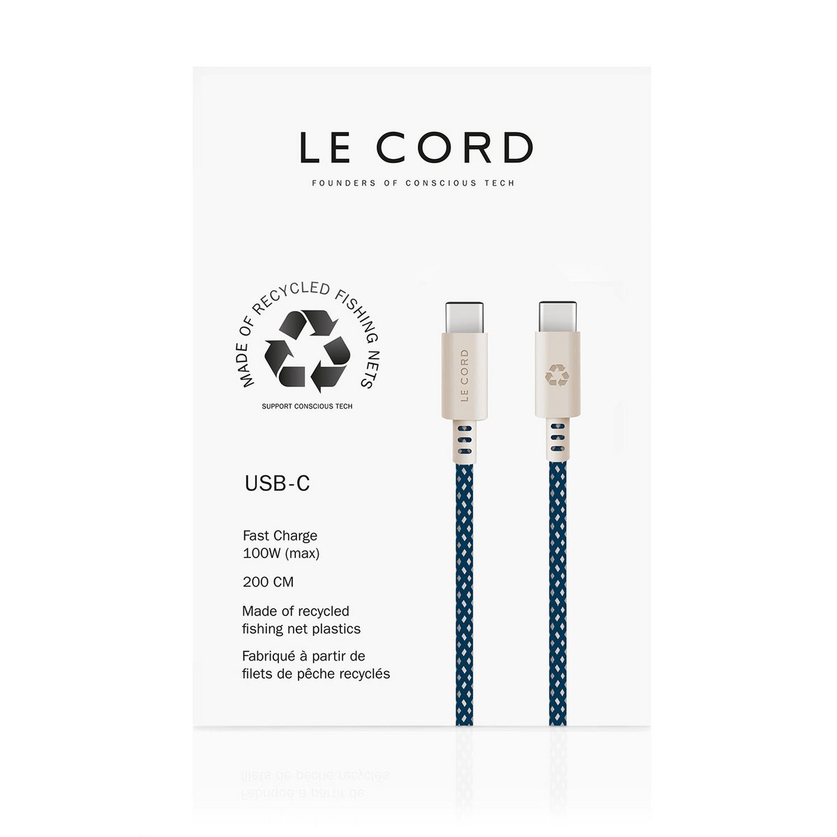 USB Zeeblauw · Type C · 100W · 2 meter · Gemaakt van gerecyclede visnetten