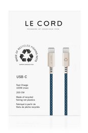 Blue USB-C charger cable made from recycled fishing nets, 2 meters long, 100W power delivery.