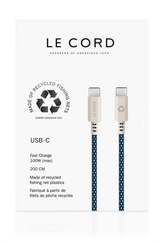 USB Sea Blue · Type C · 100W · 2 meter · Fremstillet af genbrugte fiskenet