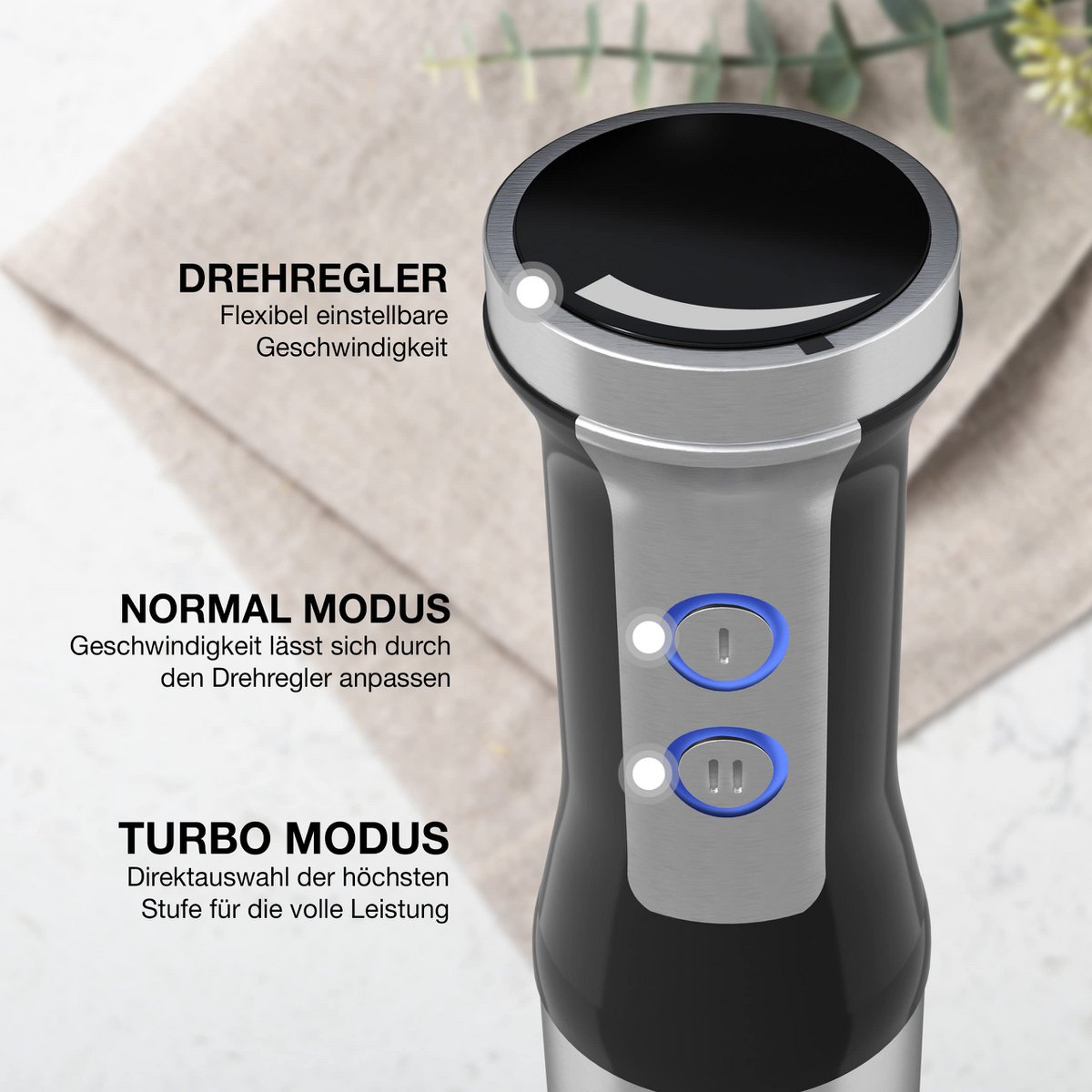 LIFETIME 1000W staafmixer roestvrij staal - met spatbescherming en 8 niveaus plus turbo | Hoogwaardige roestvrijstalen blender en blender | Keukenstokje | Staafmixer roerstaafje - mixer 1000 watt
