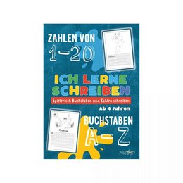 Colorful exercise book cover with text "I'm learning to write - learning to write letters and numbers in a playful way". The book cover features a cartoon character and various educational icons.