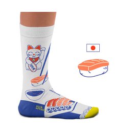 Sushi-themed socks featuring a lucky cat design, chopsticks, and sushi elements in a vibrant color palette.