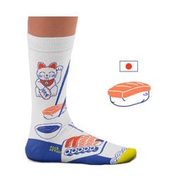 Sushi-themed socks featuring a lucky cat design, chopsticks, and sushi elements in a vibrant color palette.