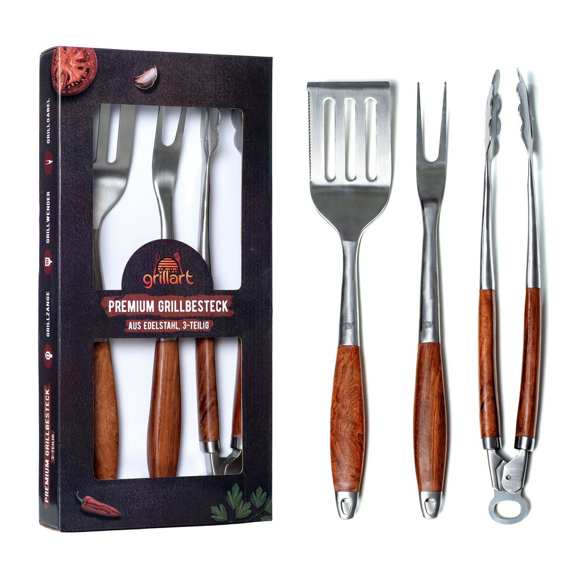 Juego de cubiertos grillart® premium grill, 3 piezas de acero inoxidable de alta calidad y elegantes mangos de madera