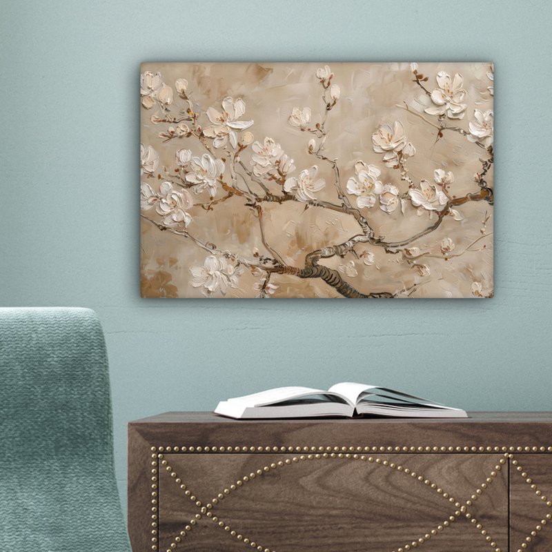 Lærredsmaleri - vægdekoration - blomster - lyserød - moderne - beige