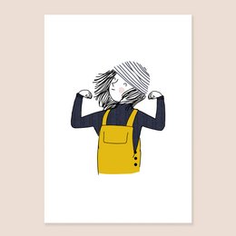 Print Sailor - Pige med gul regnfrakke og stribet hvid hætte blå trøje