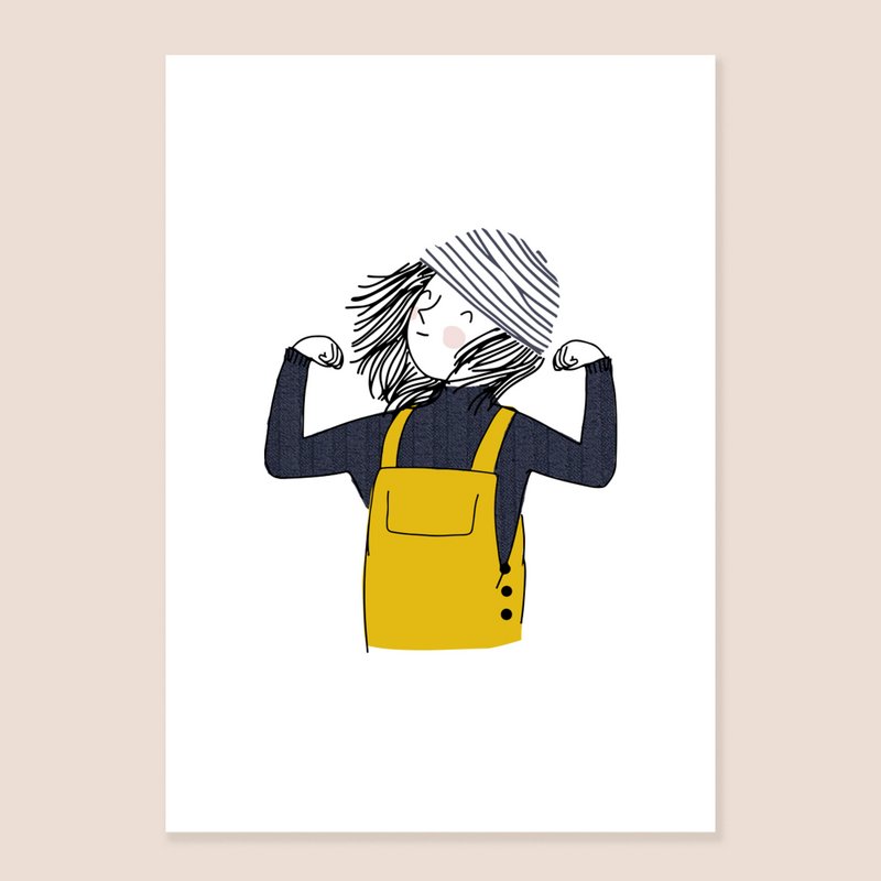 Print Sailor - Girl with Yellow Raincoat and Striped White Bonnet Blue Pullover