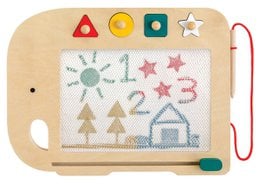 Wooden magic drawing board with elephant design, colorful shapes, numbers, trees, and castle illustration for children.