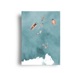 Postcard with swimmers in a serene, aqua-colored background.
The postcard features a serene, aqua-colored background with several swimmers floating in the water. The swimmers appear to be in a relaxed, leisurely pose, suggesting a peaceful, tranquil scene. The overall style and composition of the image convey a sense of calm and relaxation.