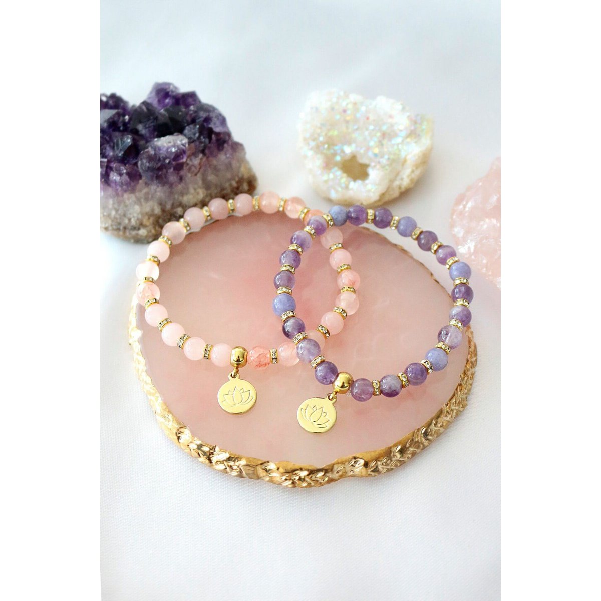 "Peace & Love" Rose Quartz - Amethyst Elastic Bracelet | 24K Lotus Flower Charm