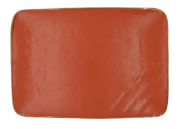 Rectangular orange plate, 28cm x 19.5cm, made of ceramic material.
