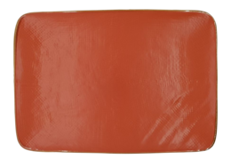 Rectangular orange plate, 28cm x 19.5cm, made of ceramic material.