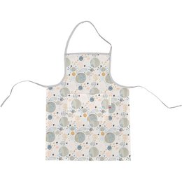 A child's apron featuring a whimsical pattern of animals, planets, and other playful designs in a variety of pastel colors. The apron is suitable for cooking, crafting, or other messy activities.