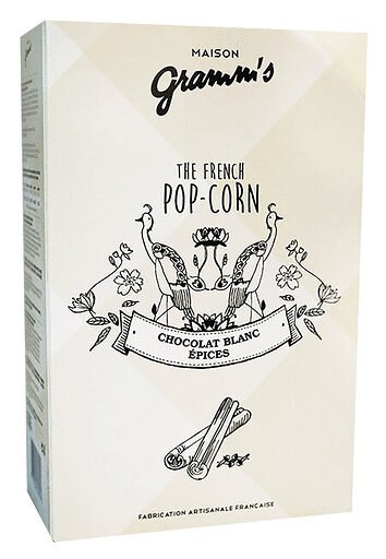 Karamel Pop-Corn overtrukket med hvid chokolade og krydderier (100g)