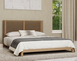  Flaxen-colored platform bed with slatted headboard, made of wood, suitable for a super king-sized mattress.