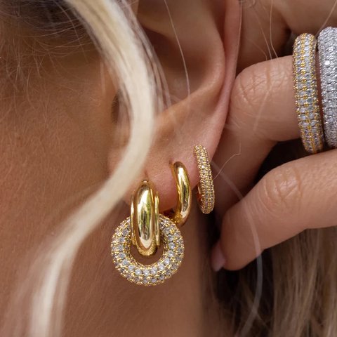 Punk Circle Pendant Shiny Rhinestone Stainless Steel Drop Earrings Bilayer Oval Round Rust Proof Party Zircon Huggie Jewelry New