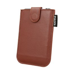 Brown leather card holder with slide-out design for easy access to cards.