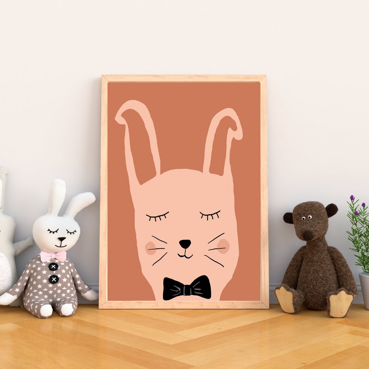 Kaninchen-Poster für Babyzimmer – Rost und Altrosa