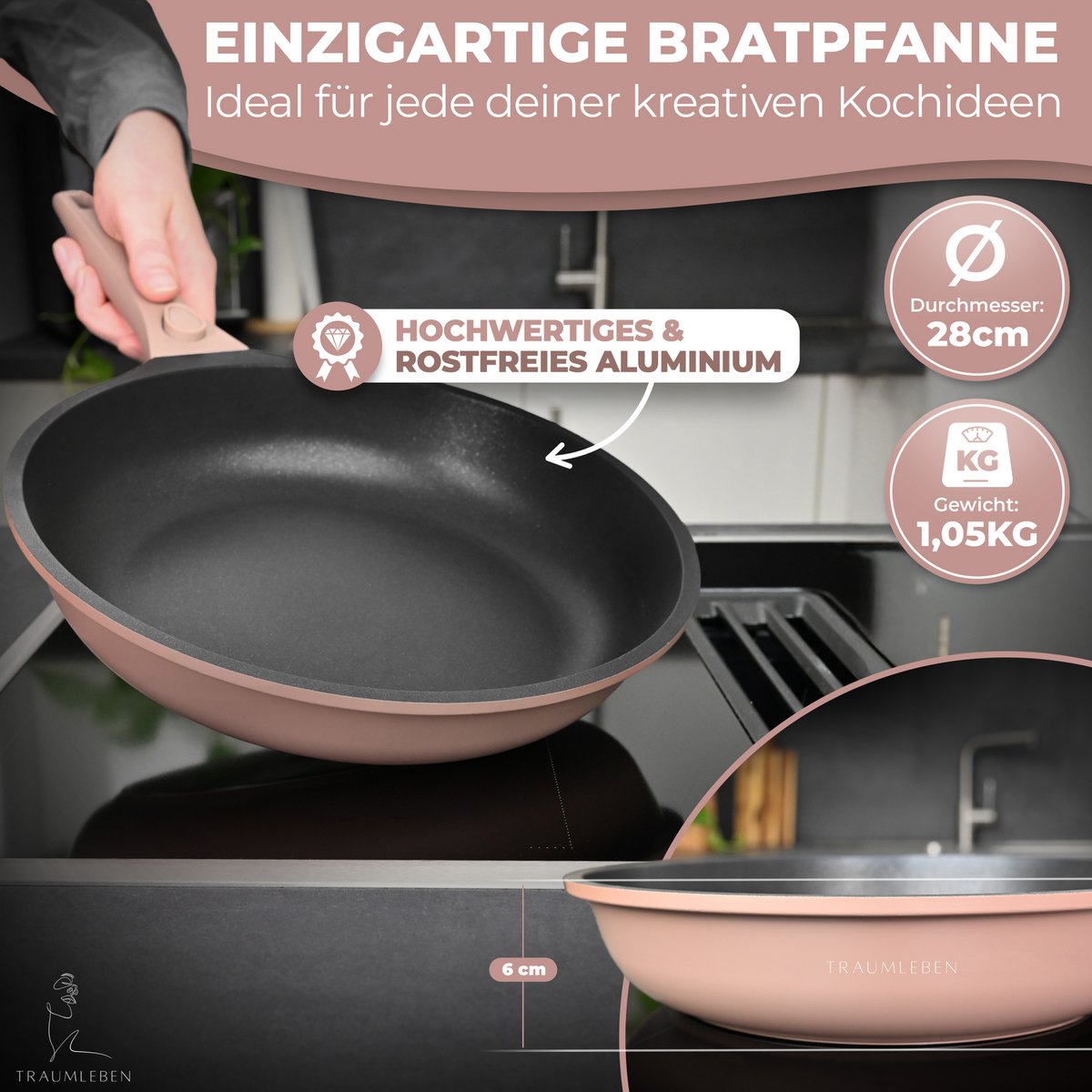Froh pan 28 cm, non -stick coating, removable handles, induction, oven festival (pink)