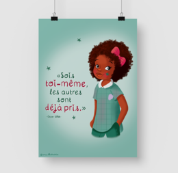 A poster featuring a young girl with curly hair and a flower in her hair, with the text "Toi, toi-même, tu n'es pas départs" which translates to "You, yourself, you are not departures."