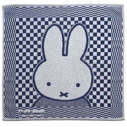 A blue and white checkered kitchen towel featuring the iconic Miffy rabbit character. The towel is made of soft, absorbent material and is suitable for drying dishes or hands.