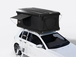 "Automatic rigid roof tent, 2-person capacity, black/khaki/orange, camping rooftop tent with ladder."