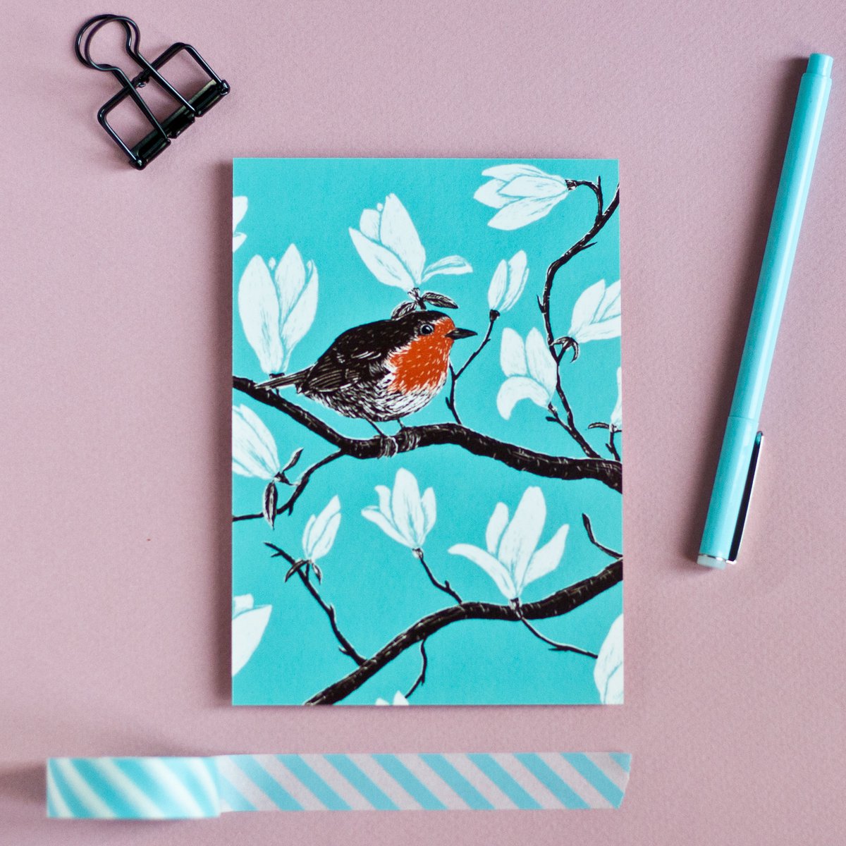 Postkarte Rotkehlchen & Magnolie, A6