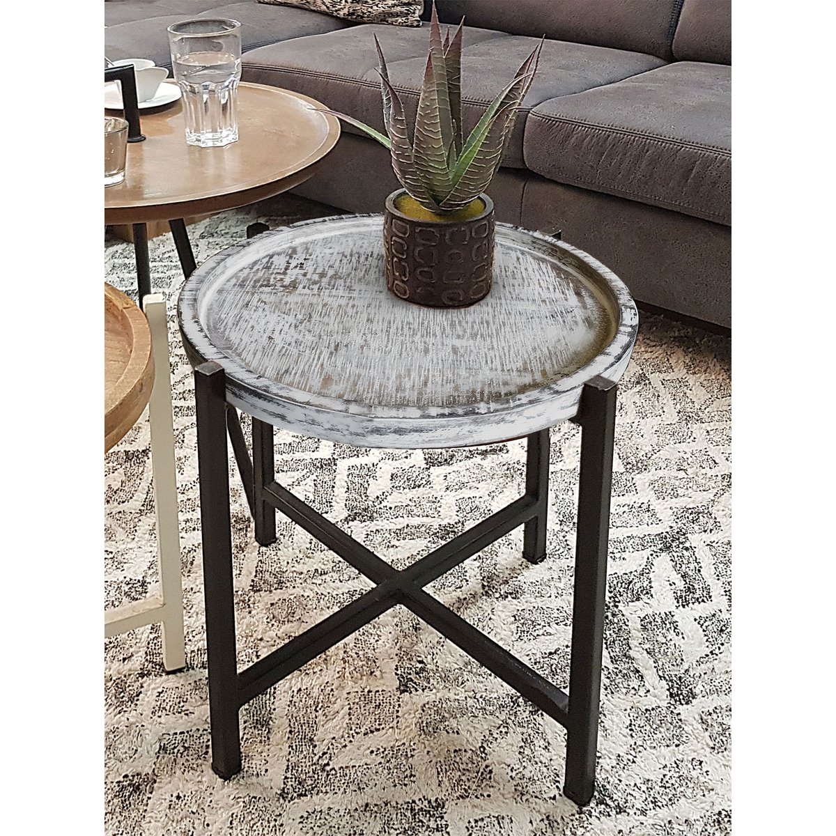 Mesa auxiliar Ø46xh45cm mesa de café mesa de estar redonda omaha marco de metal de plata vieja